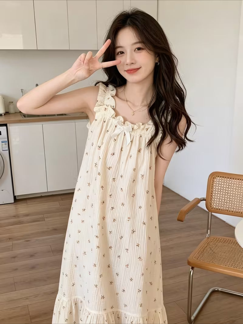 Ins Hot Style Fresh Floral Nightgown, Bow Tie Tie-Up Loose Camisole Dress, Breathable Home Sleepwear