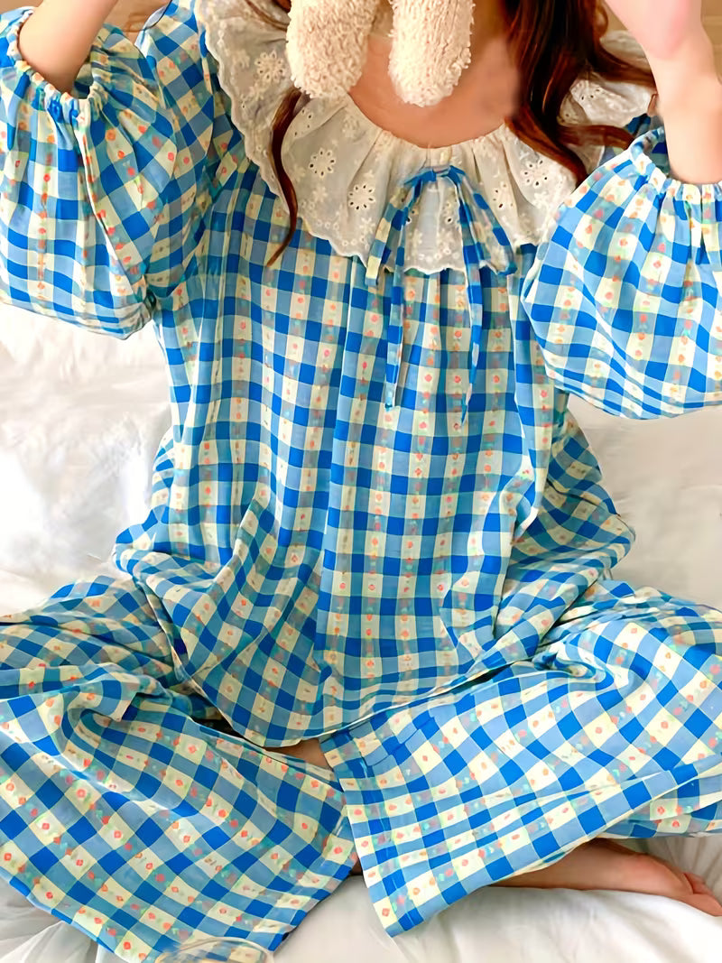 Lace Round Neck Long Sleeve Long Pants Women's Pajamas, Spring/Autumn Women's Loungewear, Autumn Plaid Floral Print Spring Pullover Adult Pajamas with Bow