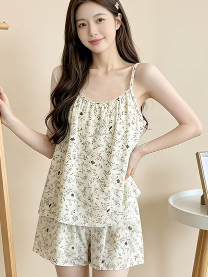 Vintage Print Seersucker Pajamas for Women, Summer 2026 New Arrival Camisole And Casual Shorts Loungewear Set