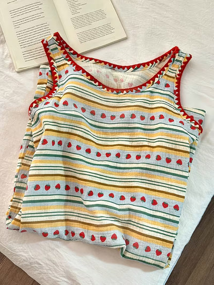 Korean Sweet And Lovely Striped Vest Nightdress Women'S Summer Round Neck Sleeveless Suspender Home Wear