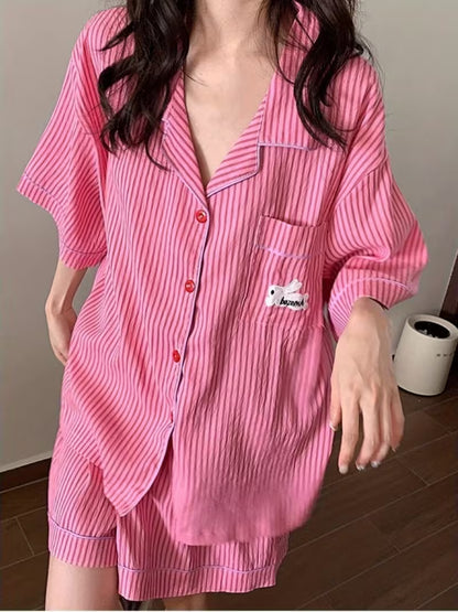 Casual Peach Striped -Like Pajama Set | Rabbit Print Notch Collar Button-Up Top & Elastic Waist Shorts - Loose Fit