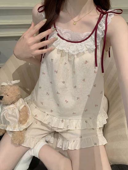 Women's Summer Floral Print Camisole Shorts Pajama Set with Padded Bra, Sweet and Cute Lace Trim
