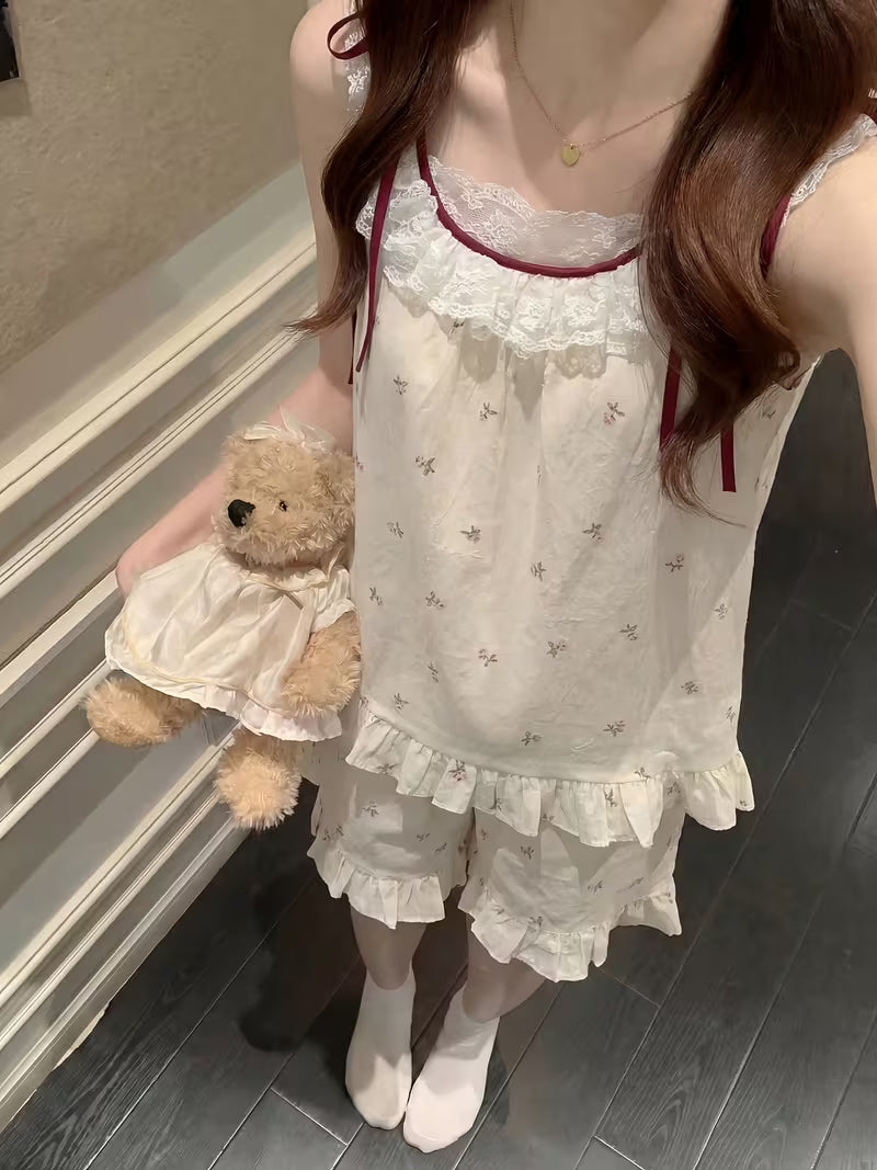 Women's Summer Floral Print Camisole Shorts Pajama Set with Padded Bra, Sweet and Cute Lace Trim