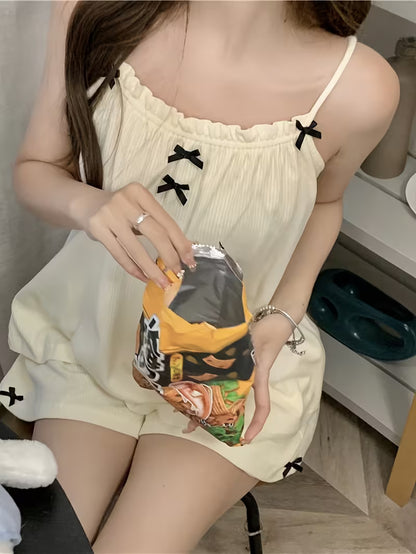 Bow Tie Strap Shorts Pajamas Casual Sleepwear Set