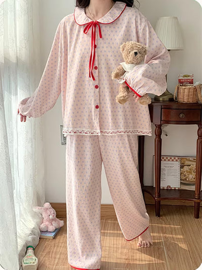Japanese-Style Sweet Bow Pajamas for Women, Spring/Autumn Lightweight Long-Sleeve Loungewear