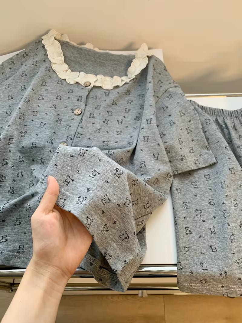 Cute Lace Bear Short Sleeve Shorts Pajama Set for Women, Sweet Summer Cardigan with Round Neck