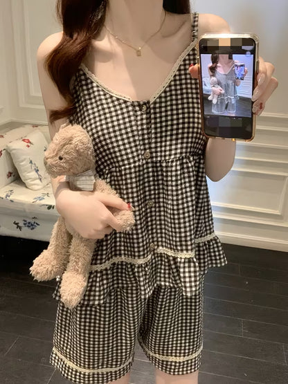 Plaid Lace Cami Dress Women'S Summer Sexy with Chest Pad Sweet Cute Home Wear 2pcs Set