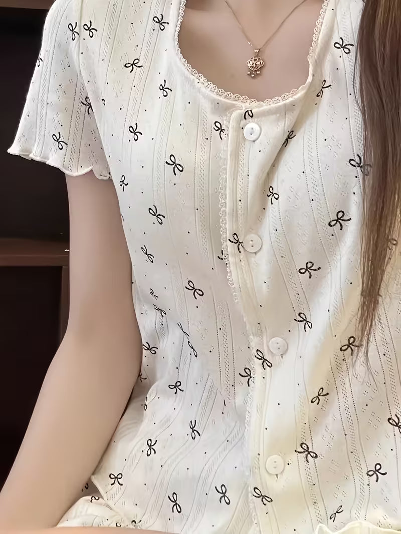 Korean Cute Lace Short-Sleeved Shorts Summer Can Wear Sweet High-End Butterfly Polka Dot Print Pajamas Women
