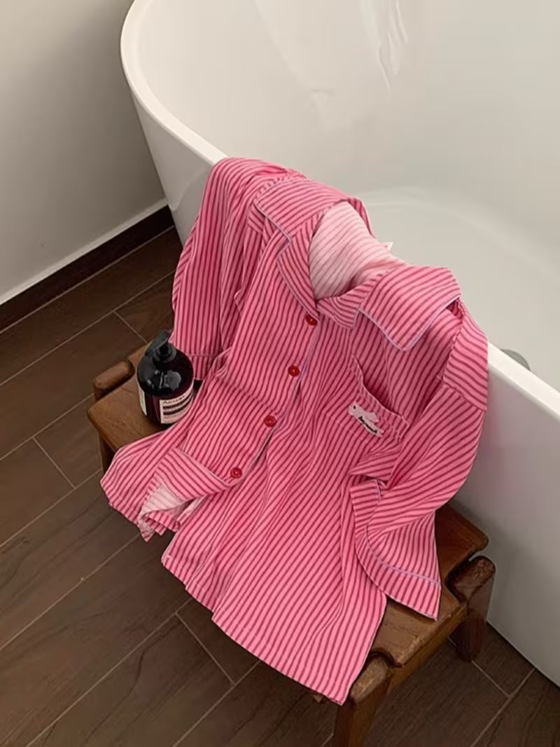 Casual Peach Striped -Like Pajama Set | Rabbit Print Notch Collar Button-Up Top & Elastic Waist Shorts - Loose Fit