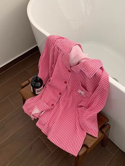 Casual Peach Striped -Like Pajama Set | Rabbit Print Notch Collar Button-Up Top & Elastic Waist Shorts - Loose Fit