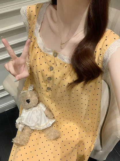 Women's Summer Sweet Korean Style Lace Trim Princess Sleeveless Camisole Nightgown with Chest Pads