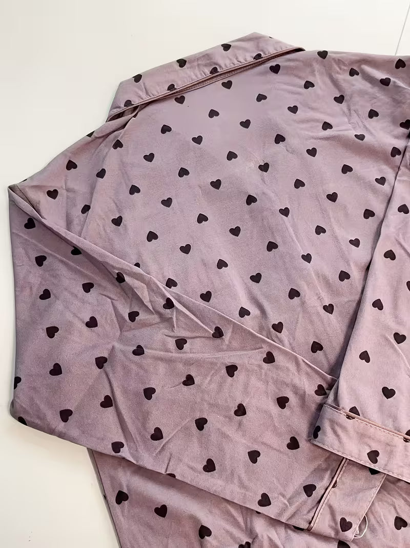 Cozy Heart Print Pajamas Set-Soft Purple Top V-Neck Long Sleeve Top with Comfy Elastic Waist Pants-Relaxing Loungewear