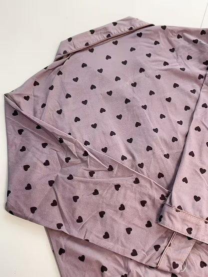 Cozy Heart Print Pajamas Set-Soft Purple Top V-Neck Long Sleeve Top with Comfy Elastic Waist Pants-Relaxing Loungewear