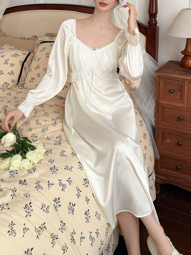 Ningyue Nightgown: A Sweet, Long French-Style Sleep Dress with Lace Details