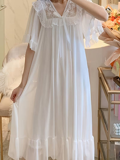 Charming And Adorable Palace Princess Inspired Solid Color Nightgown with Lace Trim And Bow for Women