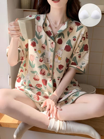 Women's Summer Sleepwear Pajama Set, High-Value Short Sleeve Loose Fit Plus Size with Built-in Bra Pads