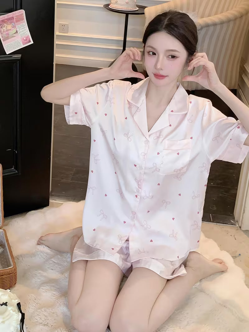 Women's Silky-Feel Short Sleeve Pajama Set, Soft Draped Breathable Home Lounge Sleepwear 2pcs Short Top and Shorts Set with Minimal Chic Print