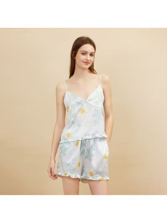 Women's 100% Mulberry Silky Pajama Set, Elegant Daisy Print Cami Top& Shorts with Ruffle Trim, Luxurious Satin Loungewear for Summer