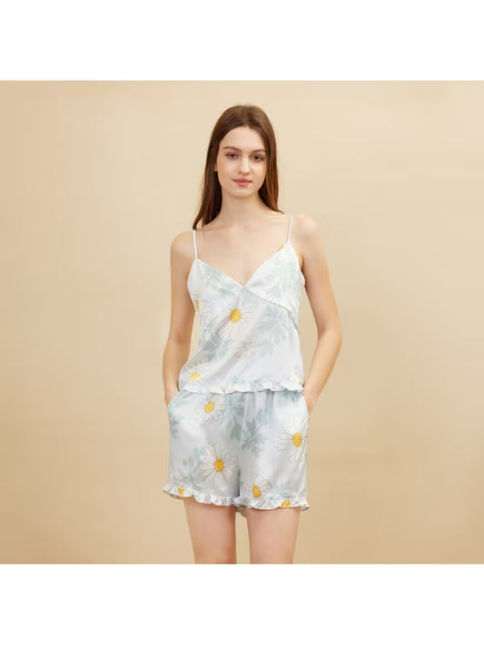 Women's 100% Mulberry Silky Pajama Set, Elegant Daisy Print Cami Top& Shorts with Ruffle Trim, Luxurious Satin Loungewear for Summer