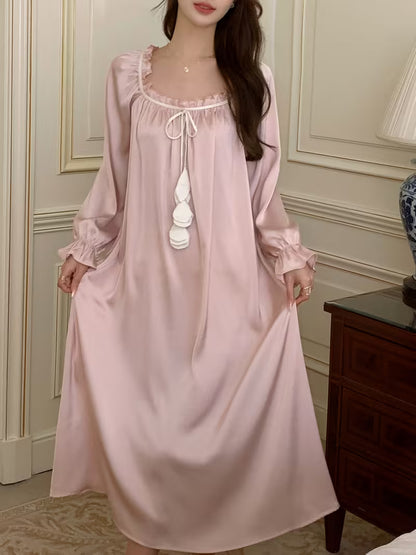 French-Style Sweet and Cute Long Nightgown, Solid Color with Ties, Loose Fit, Casual and Comfortable, Long Sleeve Women's Sleepwear, Loungewear