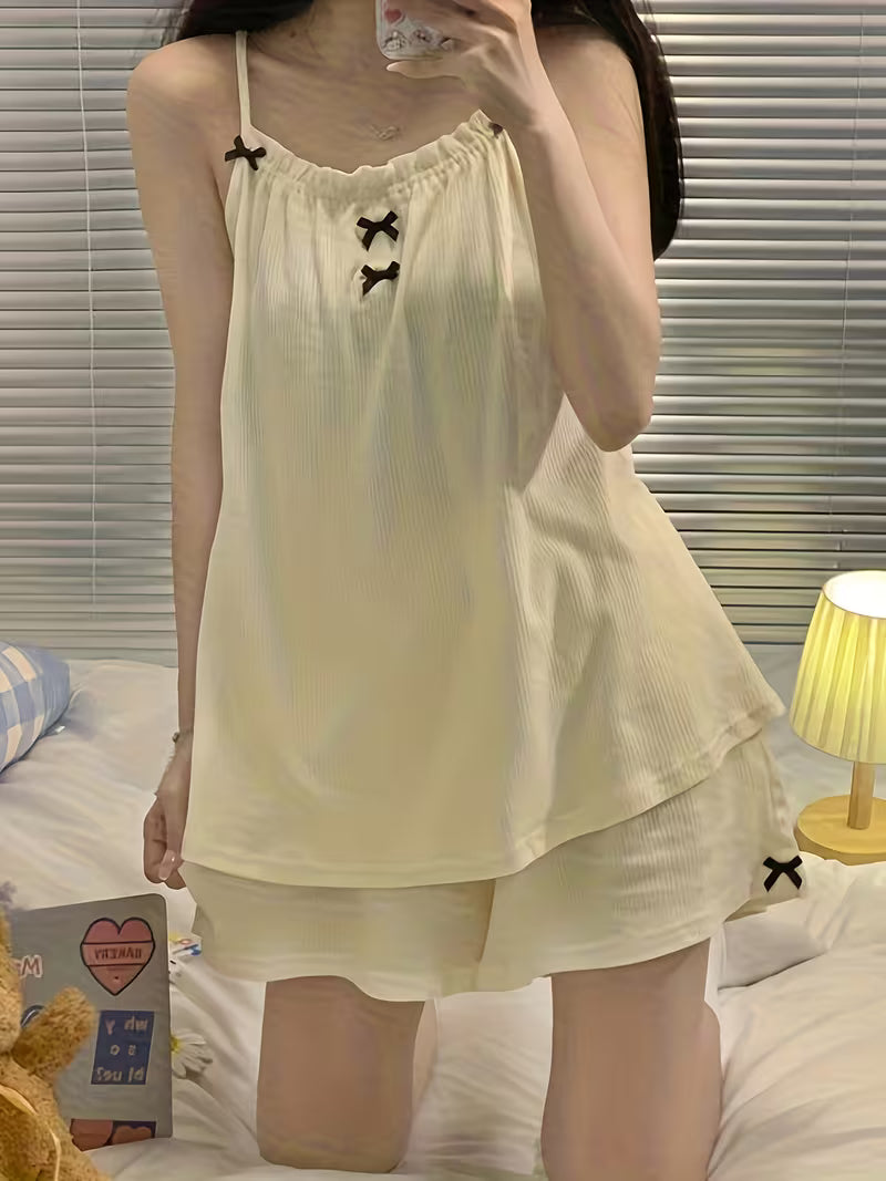 Bow Tie Strap Shorts Pajamas Casual Sleepwear Set
