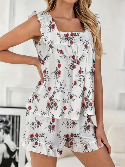 2pcs Rose Print Ruffle Trim Pajama Set Sweet Casual Home Outdoor Wear Plus Size Women Loose Comfortable Loungewear Set