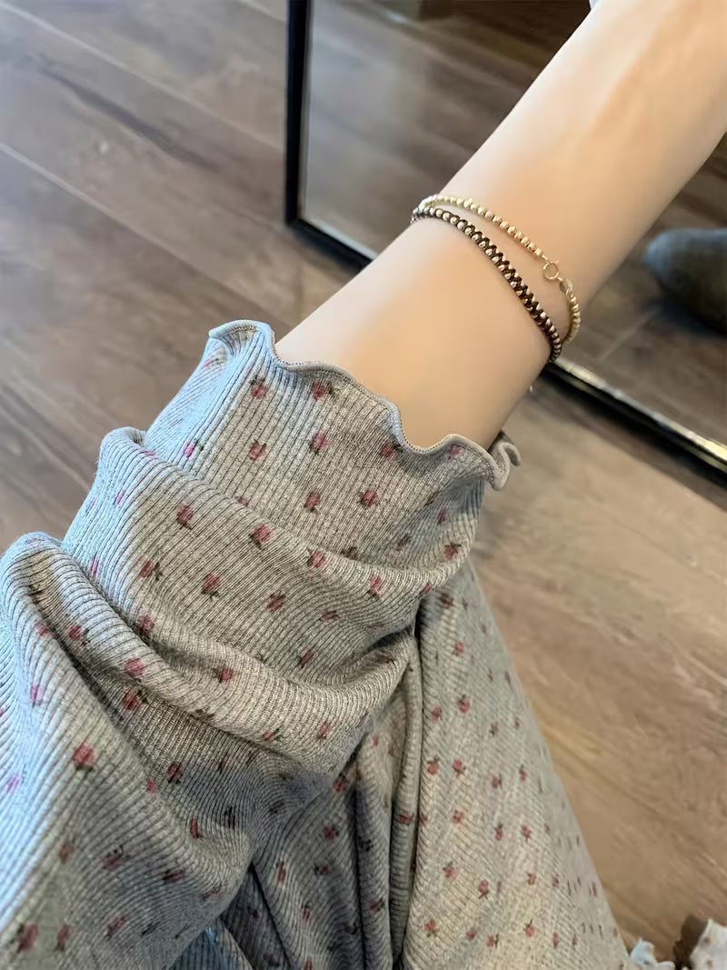 Korean-style Gray Floral Print Women's Pajamas, New Spring/Autumn Collection, Sweet and Casual Long-Sleeve 2pcs Loungewear Set