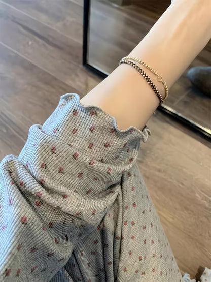 Korean-style Gray Floral Print Women's Pajamas, New Spring/Autumn Collection, Sweet and Casual Long-Sleeve 2pcs Loungewear Set