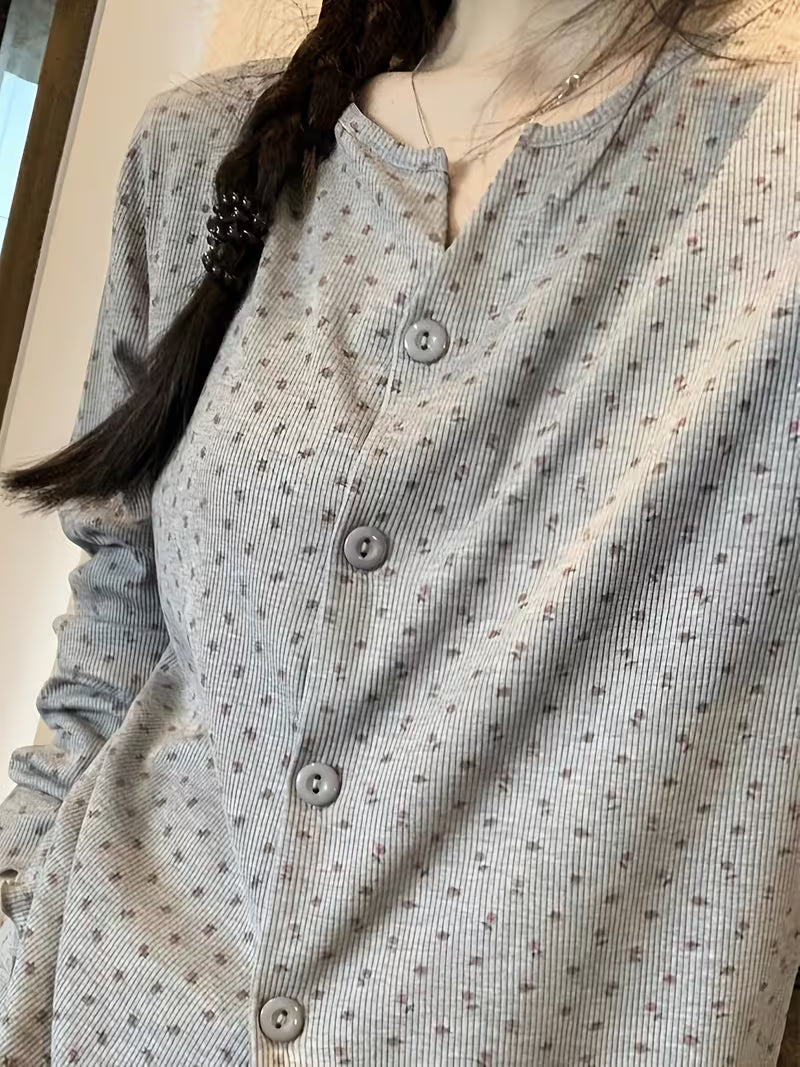 Korean-style Gray Floral Print Women's Pajamas, New Spring/Autumn Collection, Sweet and Casual Long-Sleeve 2pcs Loungewear Set