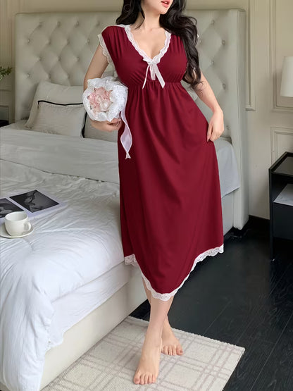 Elegant Ladies' Solid Color Nightgown with Lace Trim And a V-Neck, Sleeveless Design