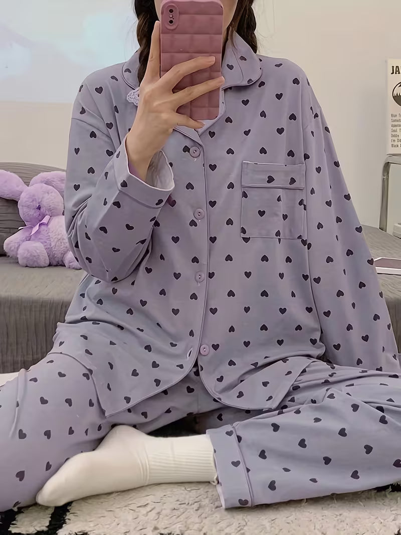 Cozy Heart Print Pajamas Set-Soft Purple Top V-Neck Long Sleeve Top with Comfy Elastic Waist Pants-Relaxing Loungewear