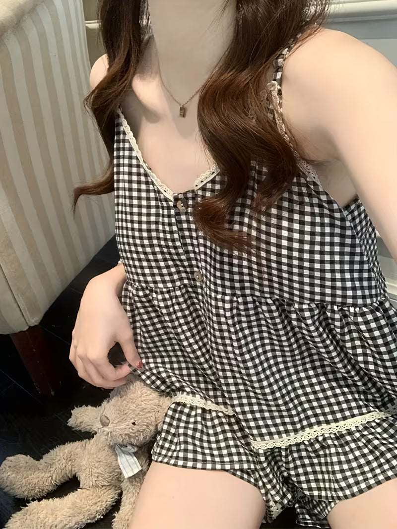Plaid Lace Cami Dress Women'S Summer Sexy with Chest Pad Sweet Cute Home Wear 2pcs Set