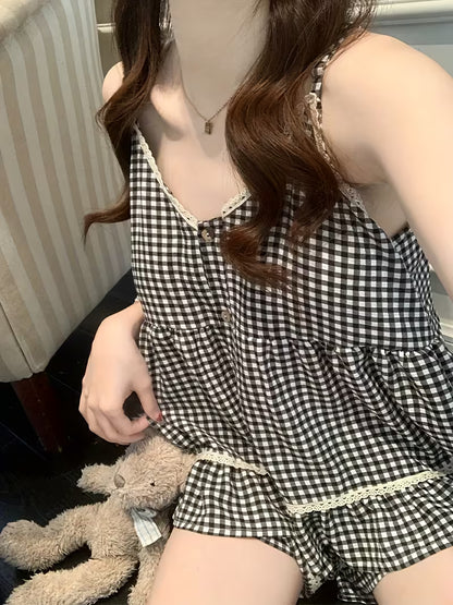 Plaid Lace Cami Dress Women'S Summer Sexy with Chest Pad Sweet Cute Home Wear 2pcs Set