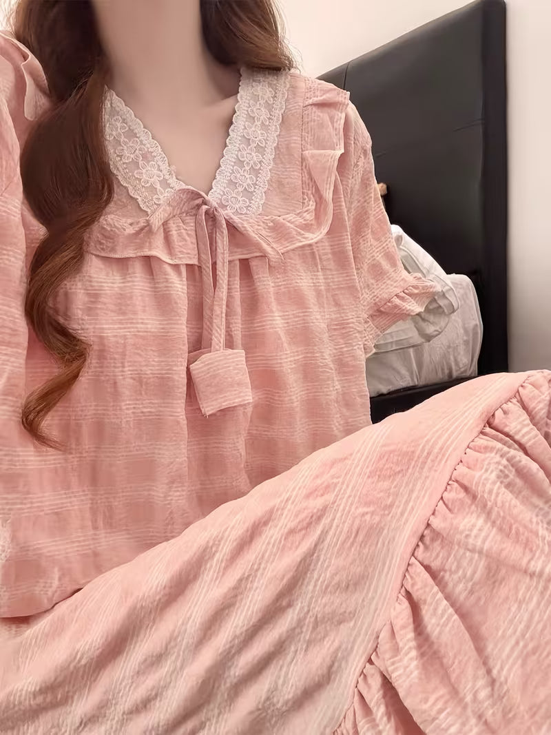 Bust Pad Plaid Nightgown Women'S Summer Short Sleeve Sweet Cute Princess Style Lace Home Wear