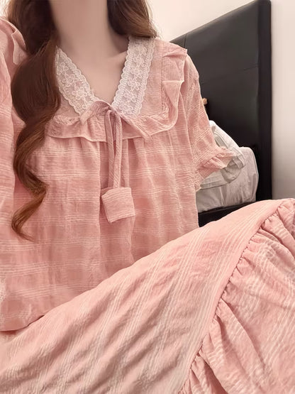 Bust Pad Plaid Nightgown Women'S Summer Short Sleeve Sweet Cute Princess Style Lace Home Wear