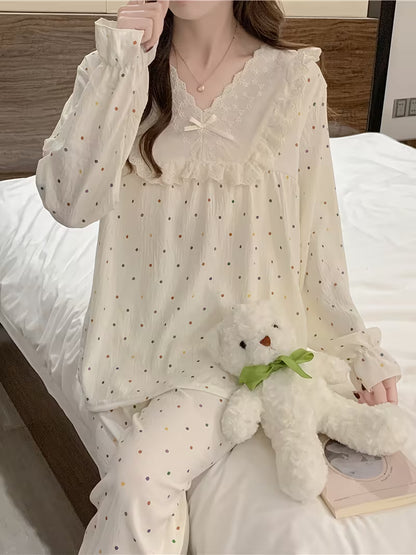 New Spring And Summer Women'S Pajamas Featuring a Cloud And Butterfly Collar Set, Korean Style Long-Sleeve Pullover with Small Polka Dots