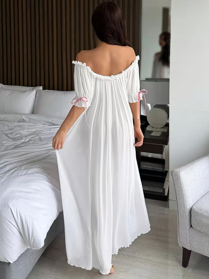 Standard Size Women's All-Season Nightgown, Simple Solid Color, Comfortable and Sexy Off-the-Shoulder Long Style