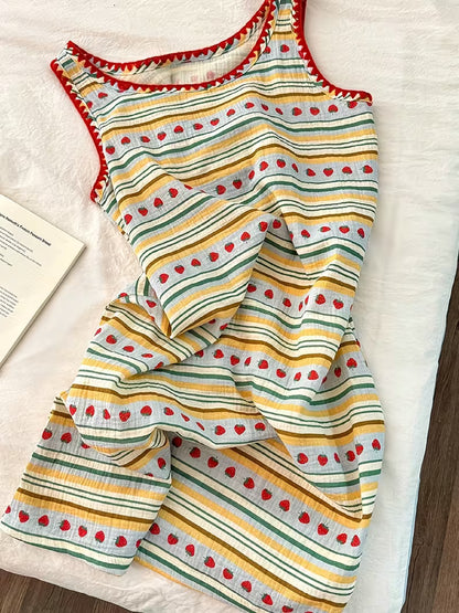 Korean Sweet And Lovely Striped Vest Nightdress Women'S Summer Round Neck Sleeveless Suspender Home Wear