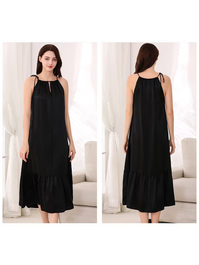 Crafted from Premium 100% Mulberry with Sleek Glossy End. Keyhole Halter Neck And Asymmetrical Ruffle Hem Design, Soft Lightweight Fabric Brings Cozy Rest