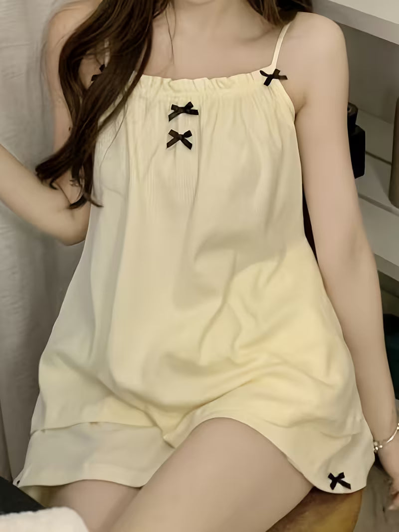 Bow Tie Strap Shorts Pajamas Casual Sleepwear Set