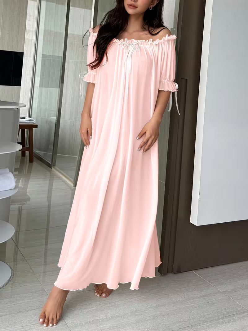 Standard Size Women's All-Season Nightgown, Simple Solid Color, Comfortable and Sexy Off-the-Shoulder Long Style