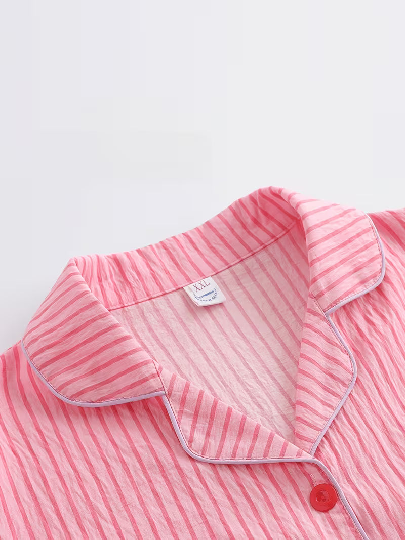 Sweetheart Bunny Pajamas for Women, Plus Size, New Summer Style, Pink Striped, Embroidered Bunny Short Sleeve and Shorts Two - Piece Set, Loose and Comfortable Plus