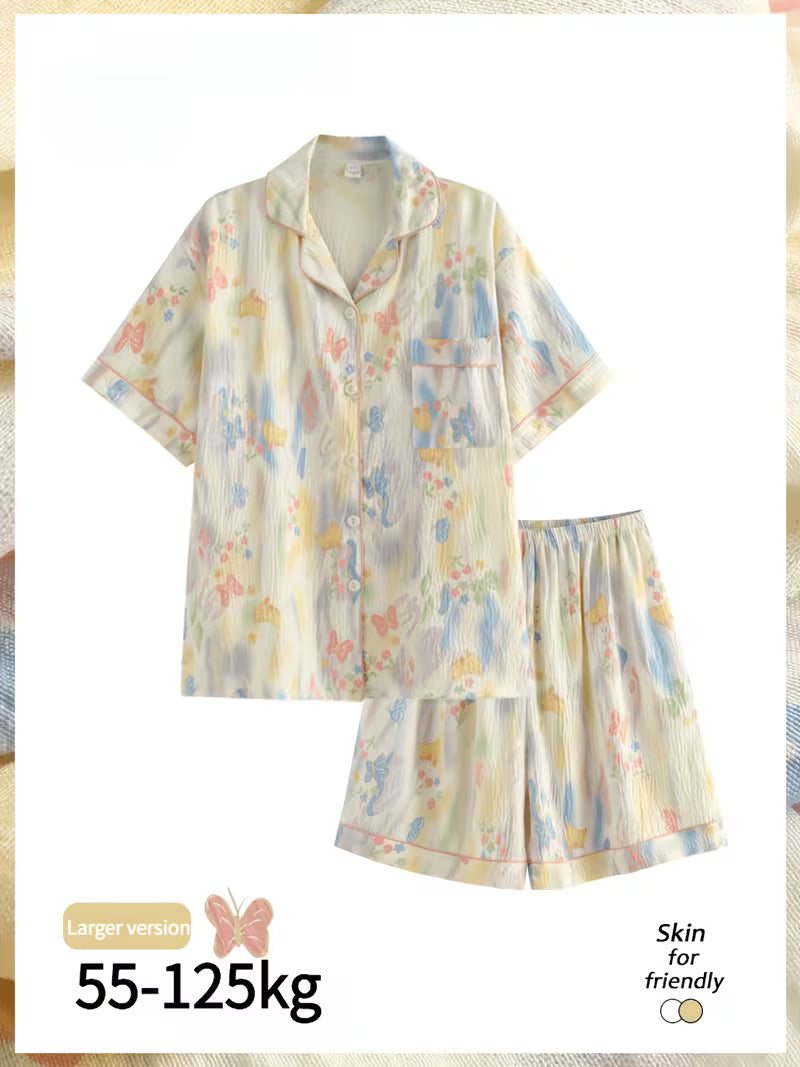 Rainbow Gradient Smudged Butterfly Women's Pajamas, New Summer Plus Size Short Sleeve and Shorts 2pcs Set, Loose and Comfortable Plus Size Loungewear Set