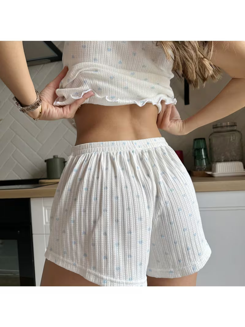 Open-Weave Heart Patterned Women's Sleepwear with Strapless Shorts Set