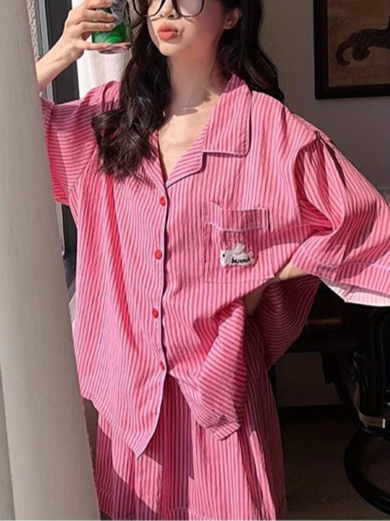 Casual Peach Striped -Like Pajama Set | Rabbit Print Notch Collar Button-Up Top & Elastic Waist Shorts - Loose Fit