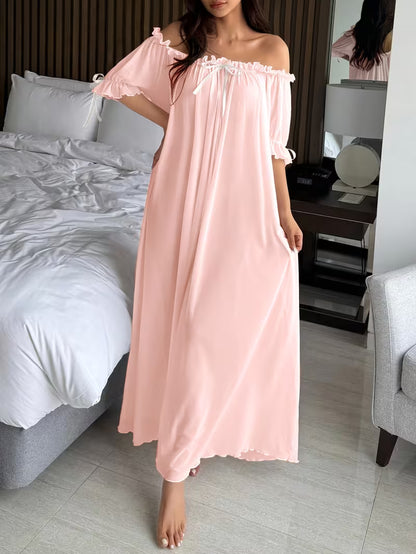 Standard Size Women's All-Season Nightgown, Simple Solid Color, Comfortable and Sexy Off-the-Shoulder Long Style