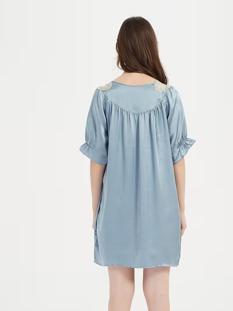 Women'S 100% Pajama Short-Sleeve Nightgown With Lace Trim Loungewear