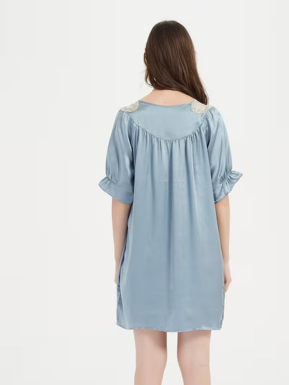 Women'S 100% Pajama Short-Sleeve Nightgown With Lace Trim Loungewear
