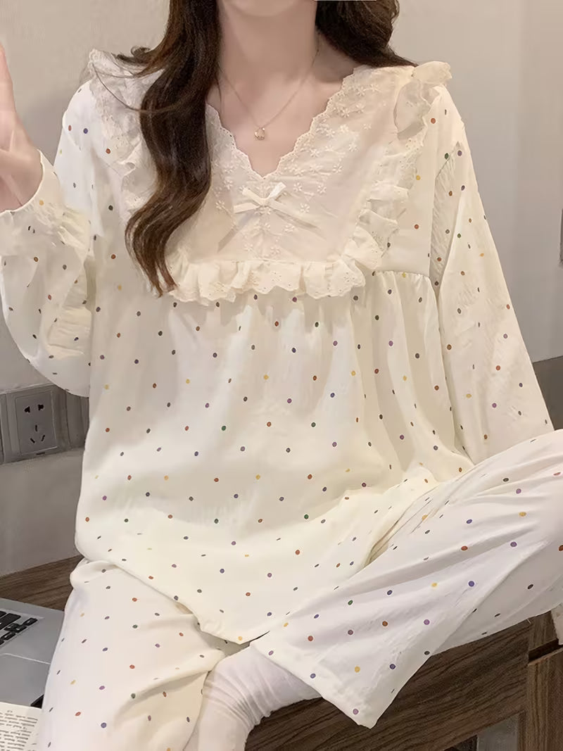 New Spring And Summer Women'S Pajamas Featuring a Cloud And Butterfly Collar Set, Korean Style Long-Sleeve Pullover with Small Polka Dots