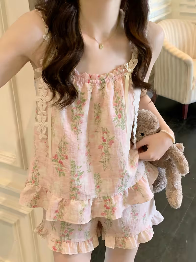 Sweet Style Floral Camisole Shorts Pajamas for Women, Summer Sexy Small Floral Print Loungewear Set with Padded Bra